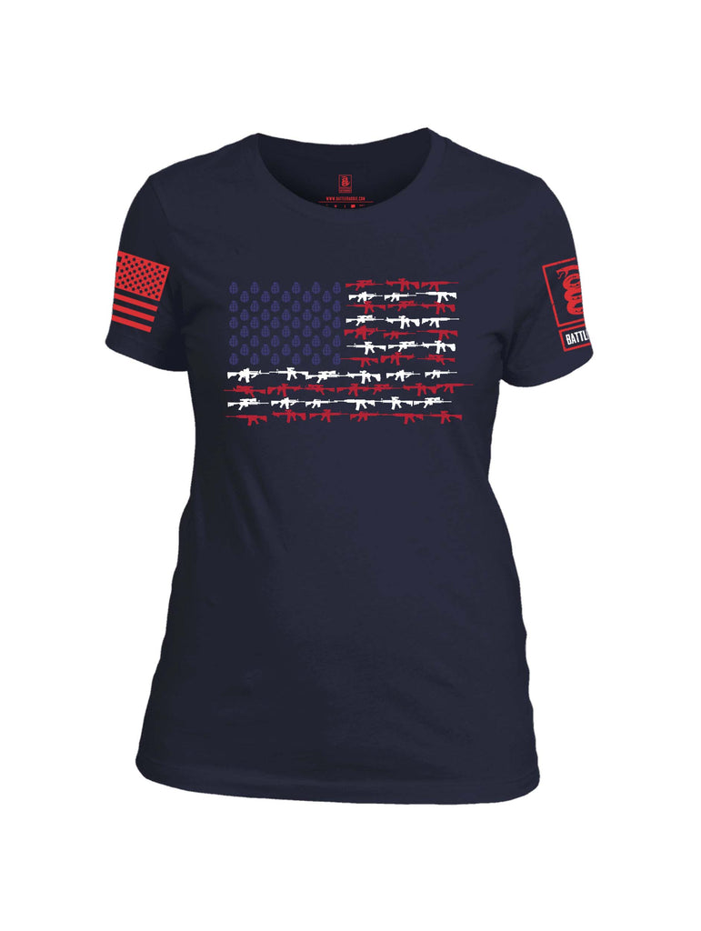 Battleraddle Rifle Gun Flag Red Sleeve Print Womens Cotton Crew Neck T Shirt