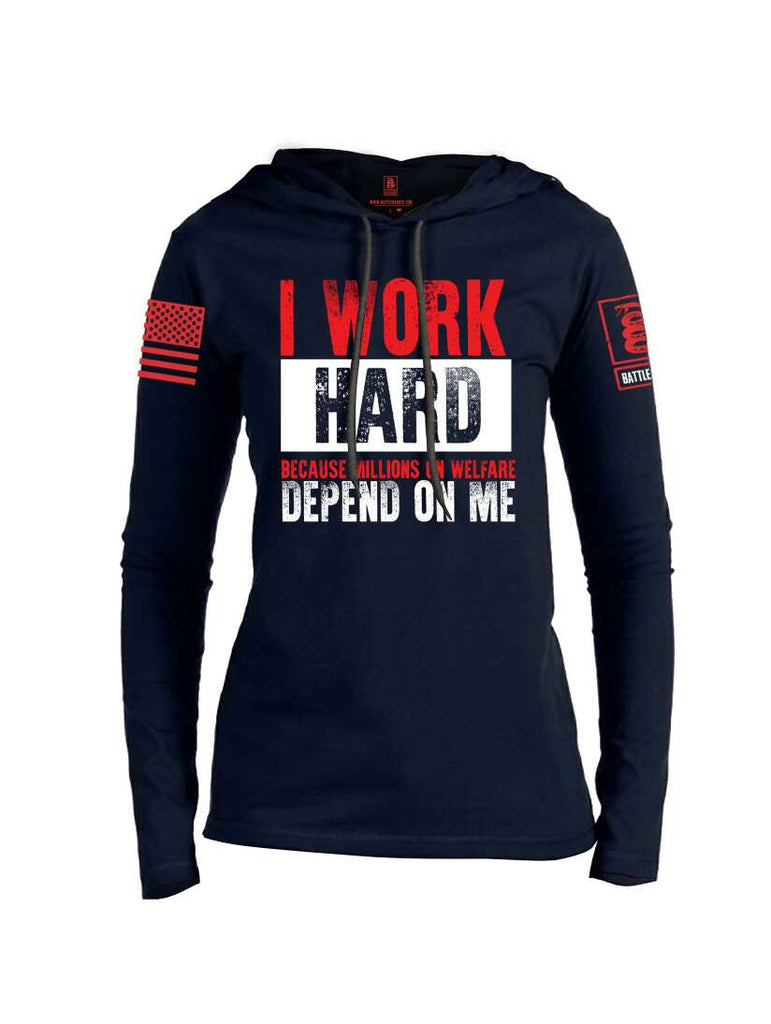 Battleraddle I Work Hard Because Millions On Welfare Depend On Me Red Sleeve Print Womens Thin Cotton Lightweight Hoodie