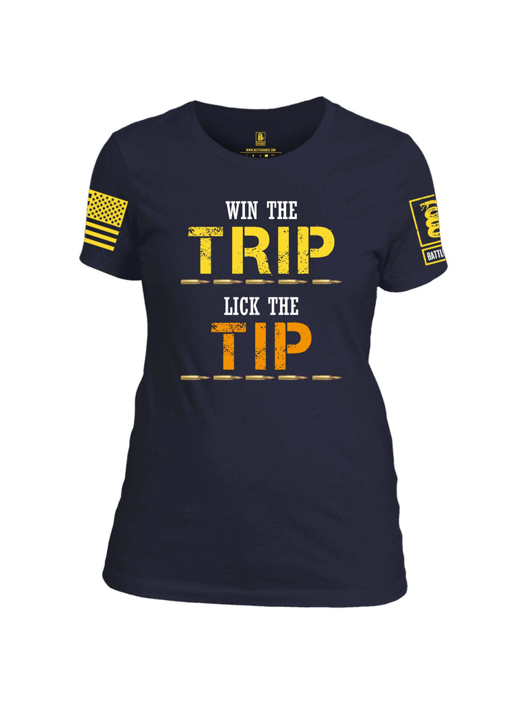 Battleraddle Win The Trip Lick The Tip Yellow Sleeve Print Womens Cotton Crew Neck T Shirt