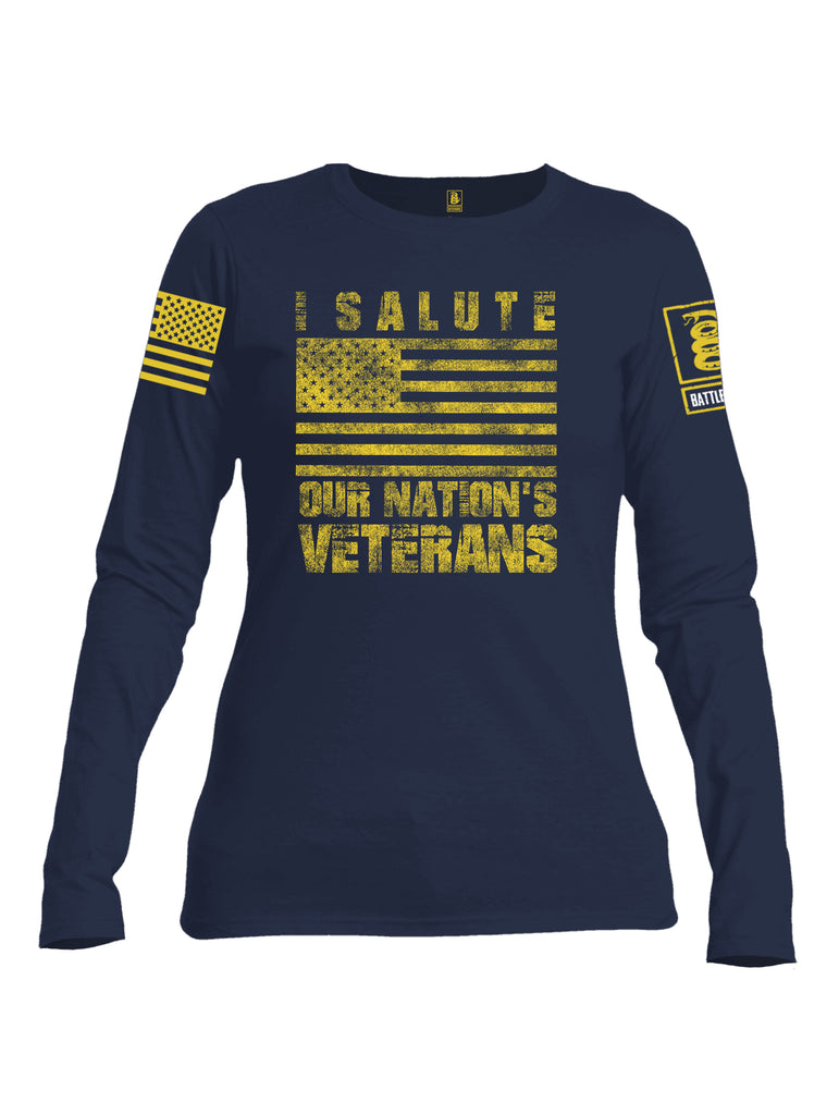 Battleraddle I Salute Our Nation's Veterans Yellow Sleeve Print Womens Cotton Long Sleeve Crew Neck T Shirt