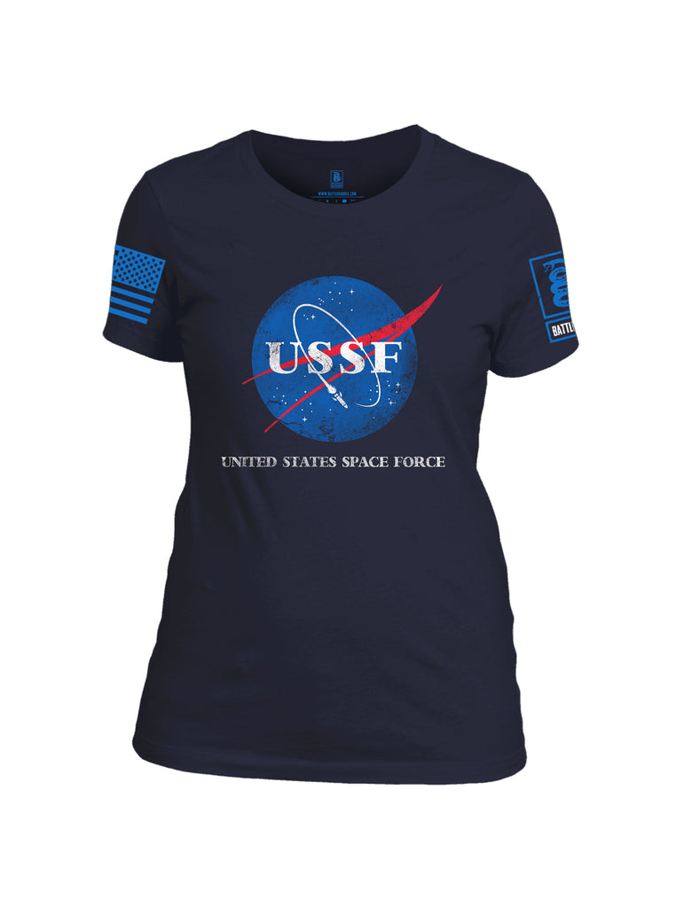 Battleraddle United States Space Force Blue Sleeve Print Womens 100% Battlefit Polyester Crew Neck T Shirt