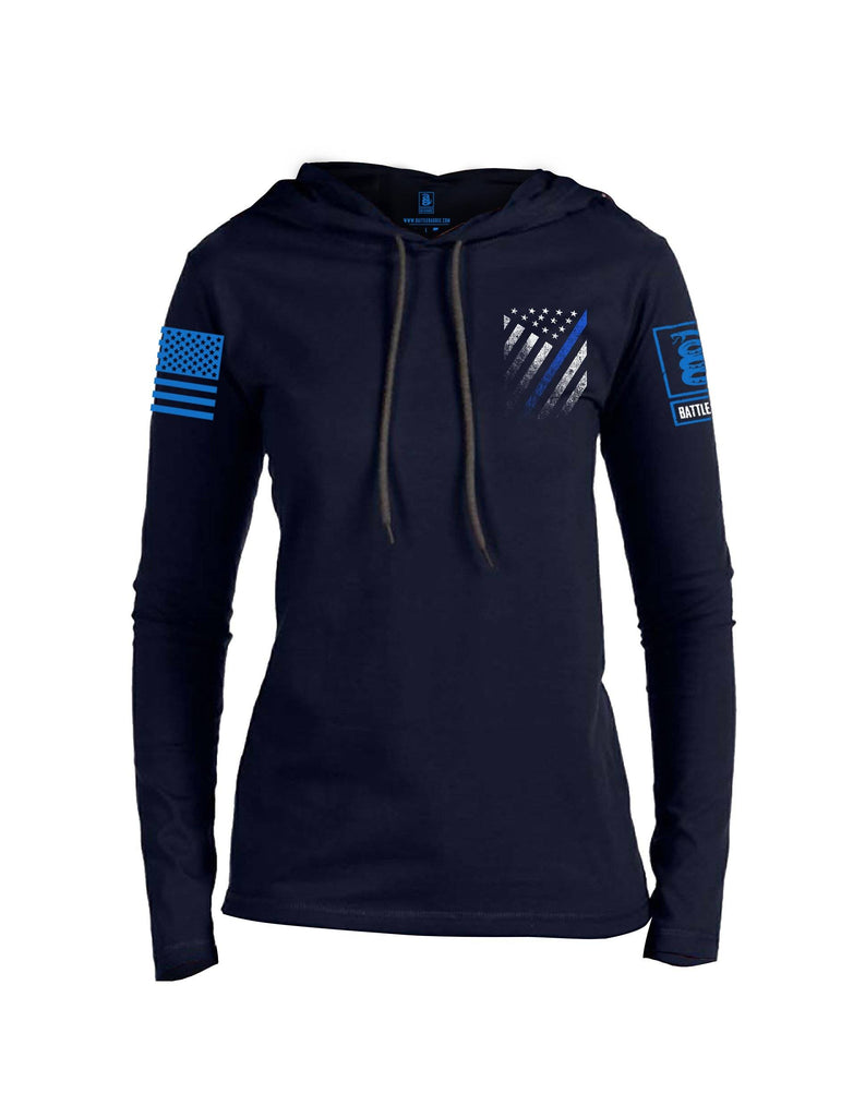 Battleraddle USA Blue Thin Line Series Flag Blue Sleeve Print Womens Thin Cotton Lightweight Hoodie shirt|custom|veterans|Apparel-Womens Hoodie-Cotton