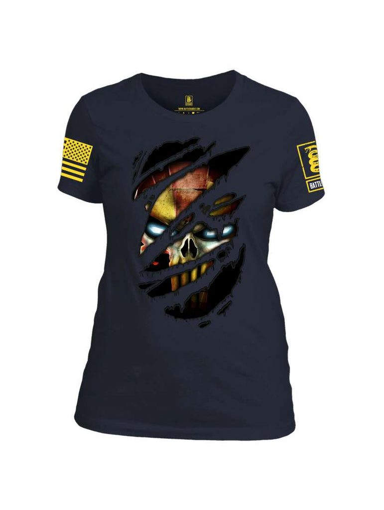 Battleraddle Mr Expounder Iron Skull Ripped Yellow Sleeve Print Womens 100% Battlefit Polyester Crew Neck T Shirt