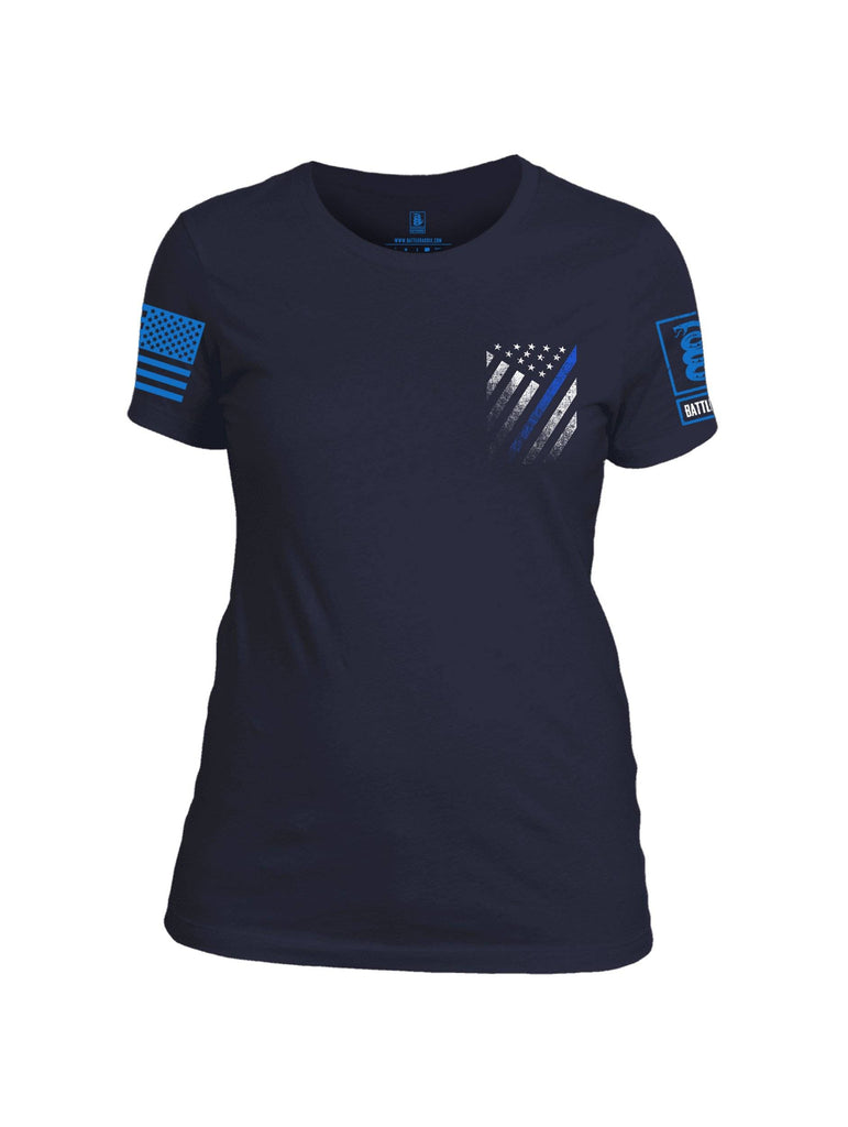 Battleraddle USA Blue Thin Line Series Flag Blue Sleeve Print Womens 100% Battlefit Polyester Crew Neck T Shirt shirt|custom|veterans|Apparel-Womens Shirts-Polyester