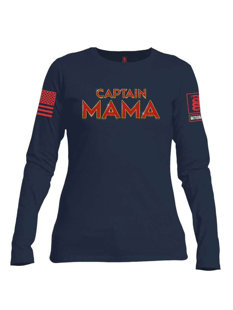 Battleraddle Captain Mama Red Sleeve Print Womens Cotton Long Sleeve Crew Neck T Shirt