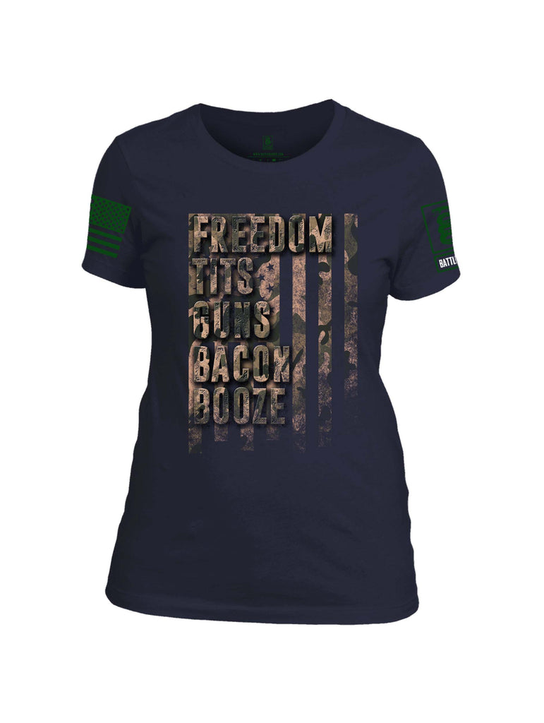 Battleraddle Freedom Tits Guns Bacon Booze Green Sleeve Print Womens Cotton Crew Neck T Shirt