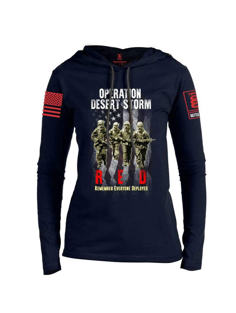 Battleraddle Operation Desert Storm RED Remember Everyone Deployed Red Sleeve Print Womens Thin Cotton Lightweight Hoodie shirt|custom|veterans|Apparel-Womens Hoodie-Cotton