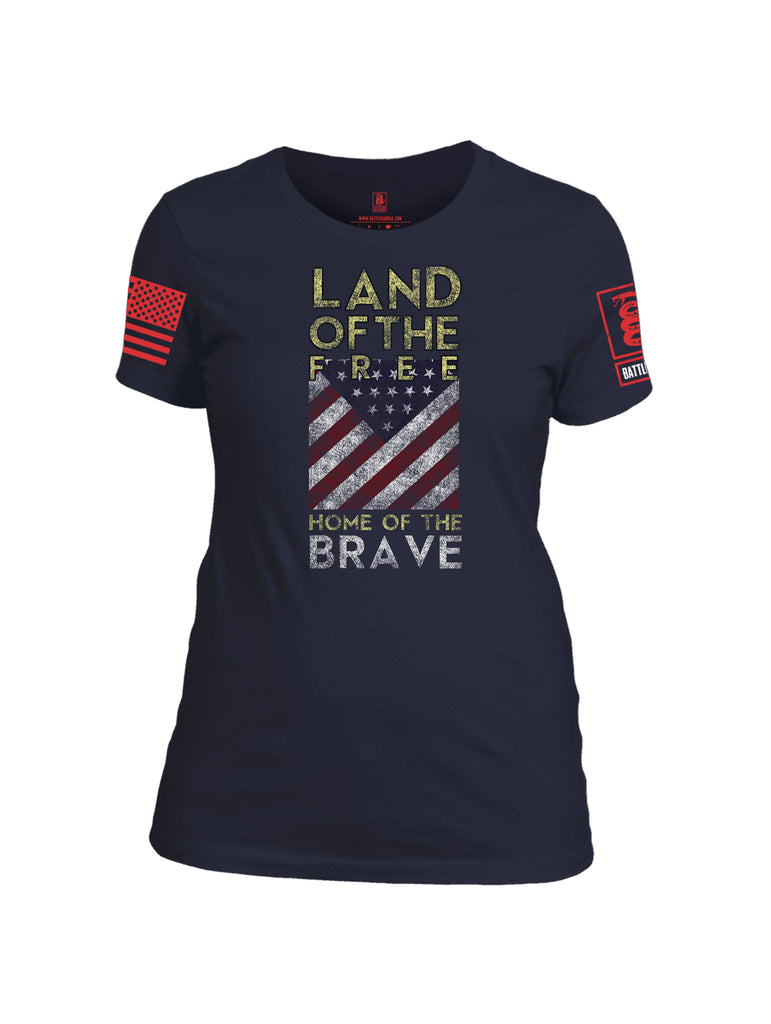 Battleraddle Land Of The Free Home Of The Brave Red Sleeve Print Womens 100% Battlefit Polyester Crew Neck T Shirt