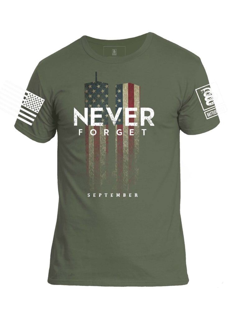 Battleraddle Never Forget September 11 White Sleeve Print Mens Cotton Crew Neck T Shirt