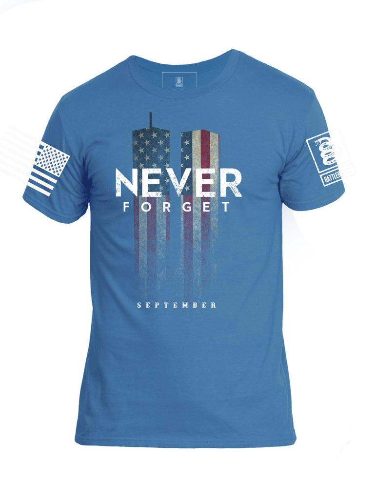 Battleraddle Never Forget September 11 White Sleeve Print Mens Cotton Crew Neck T Shirt