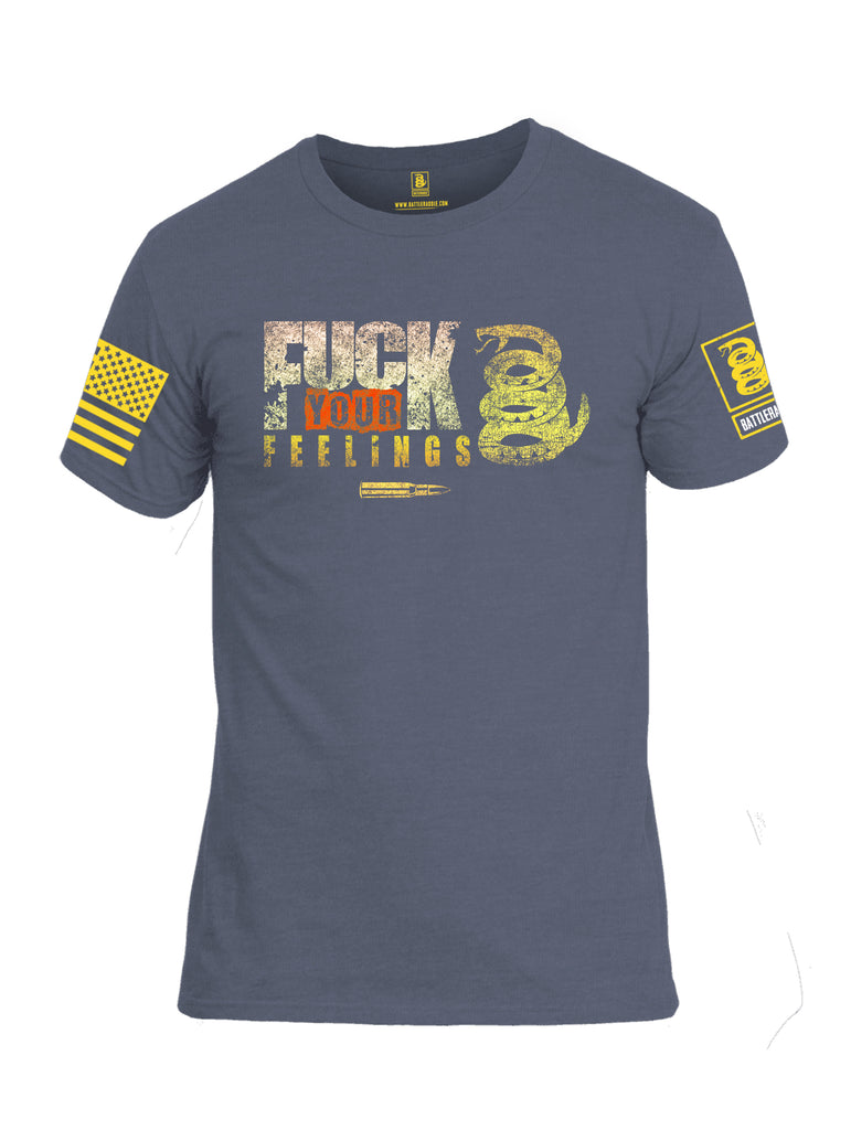 Battleraddle Fuck Your Feelings Yellow Sleeve Print Mens Cotton Crew Neck T Shirt