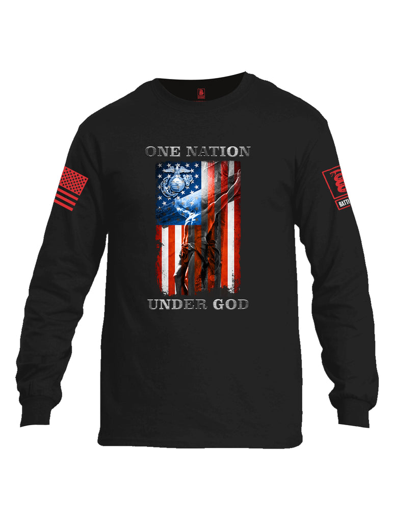 Battleraddle One Nation Under God Marine Red Sleeve Print Mens Cotton Long Sleeve Crew Neck T Shirt