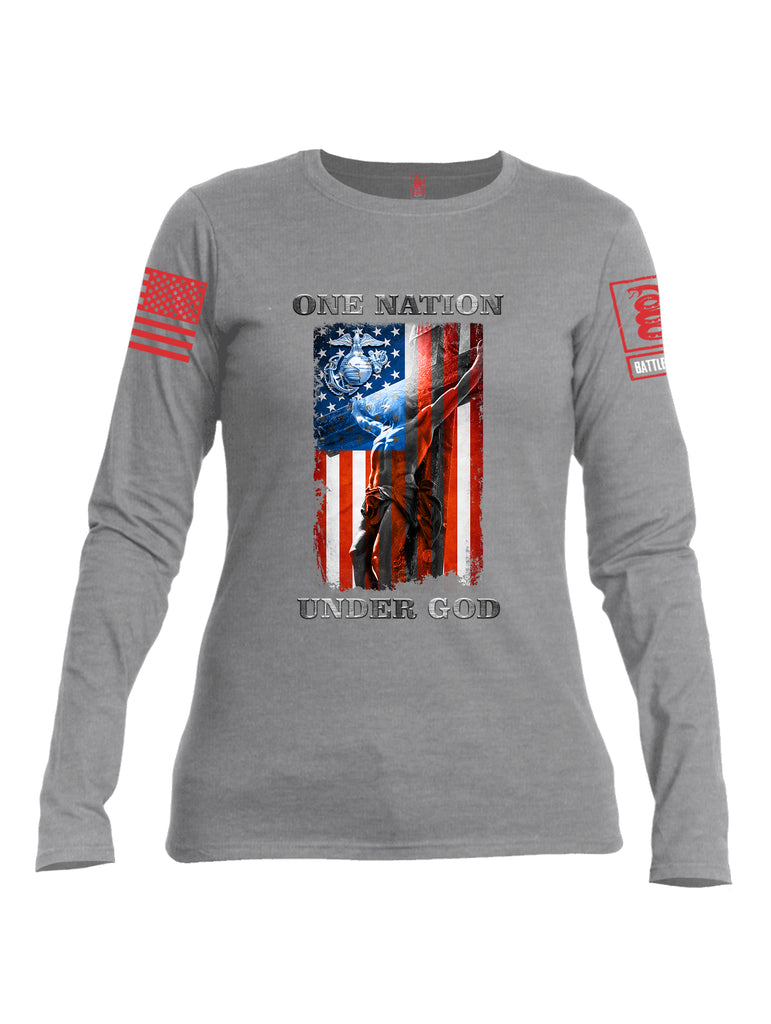 Battleraddle One Nation Under God Marine Red Sleeve Print Womens Cotton Long Sleeve Crew Neck T Shirt