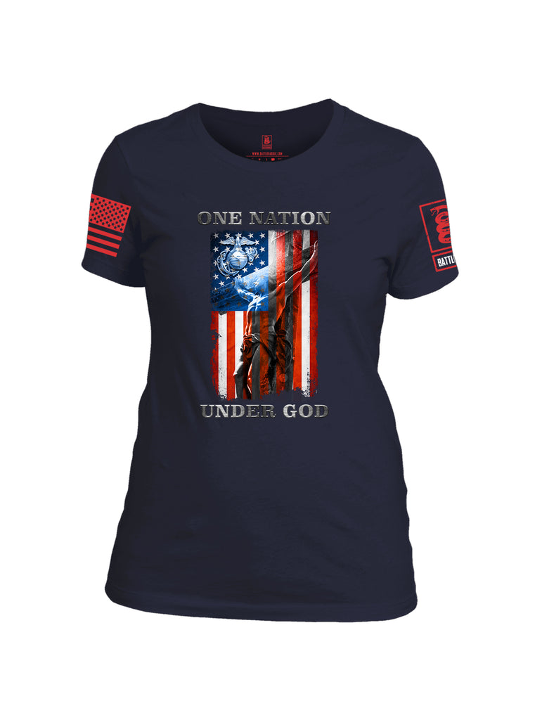 Battleraddle One Nation Under God Marine Red Sleeve Print Womens Cotton Crew Neck T Shirt