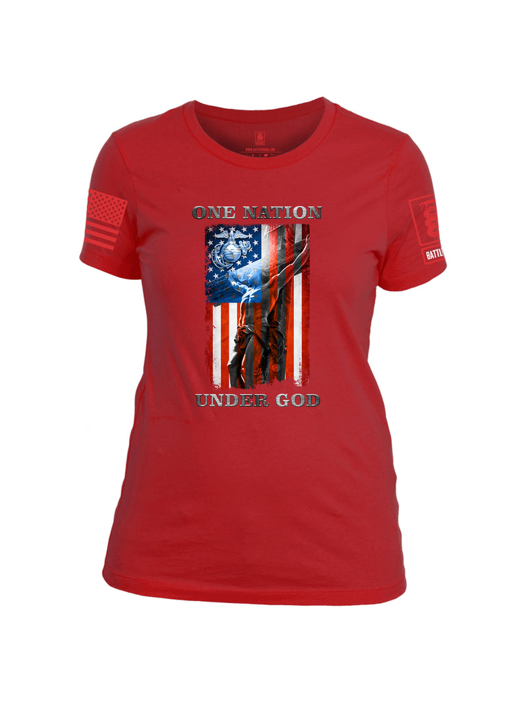 Battleraddle One Nation Under God Marine Red Sleeve Print Womens Cotton Crew Neck T Shirt