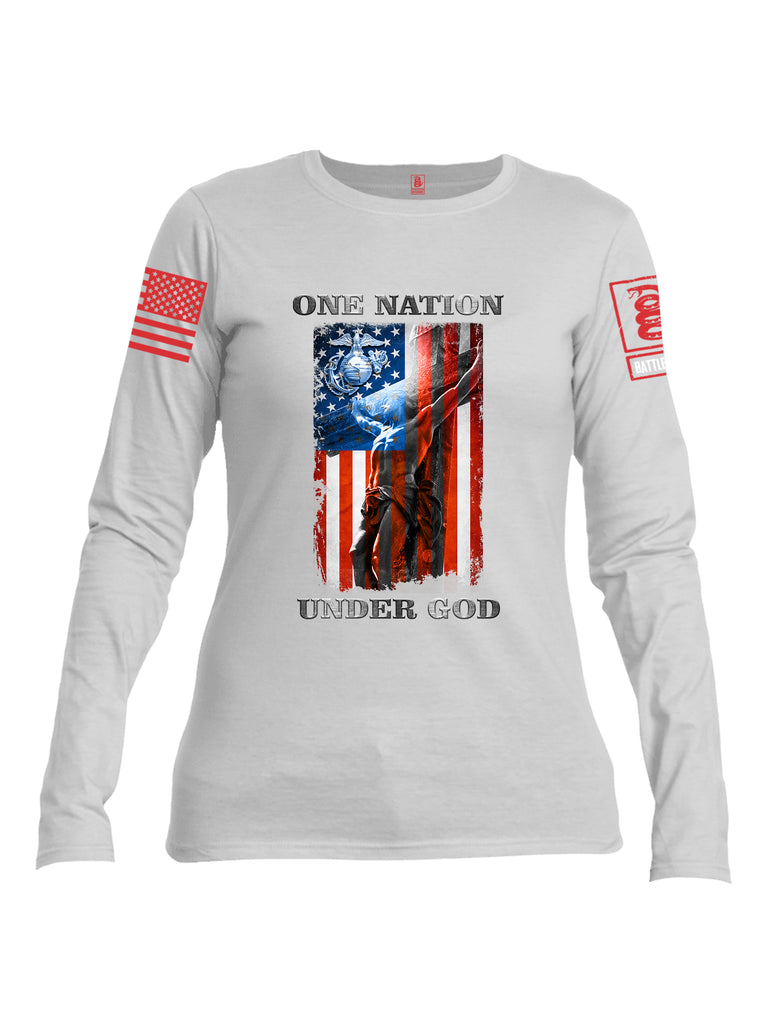Battleraddle One Nation Under God Marine Red Sleeve Print Womens Cotton Long Sleeve Crew Neck T Shirt