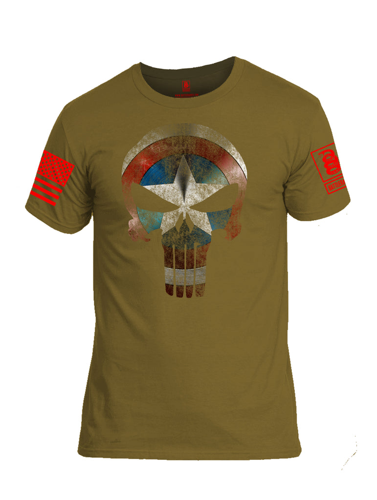 Battleraddle Captain Punisher America Shield Skull V2 Red Sleeve Print Mens Cotton Crew Neck T Shirt - Battleraddle® LLC