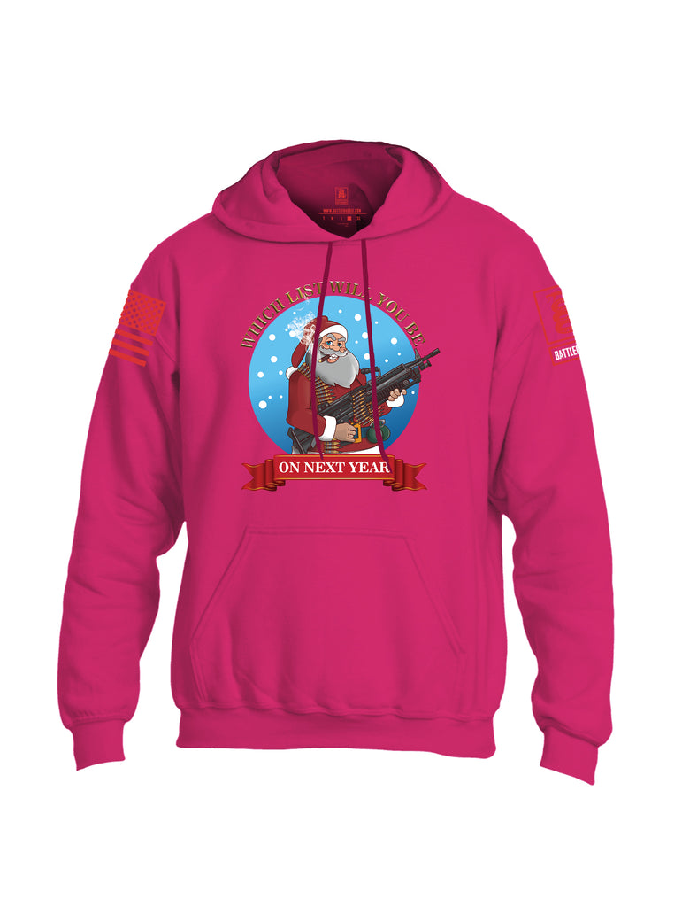 Battleraddle Which List Will You Be On Next Year Christmas Holiday Ugly Red Sleeve Print Mens Blended Hoodie With Pockets