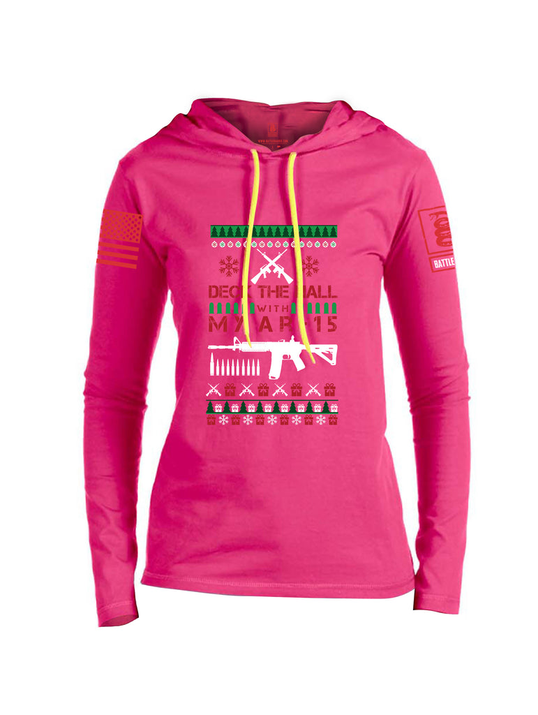 Battleraddle Deck The Hall With My AR15 Christmas Holiday Ugly Red Sleeve Print Womens Thin Cotton Lightweight Hoodie