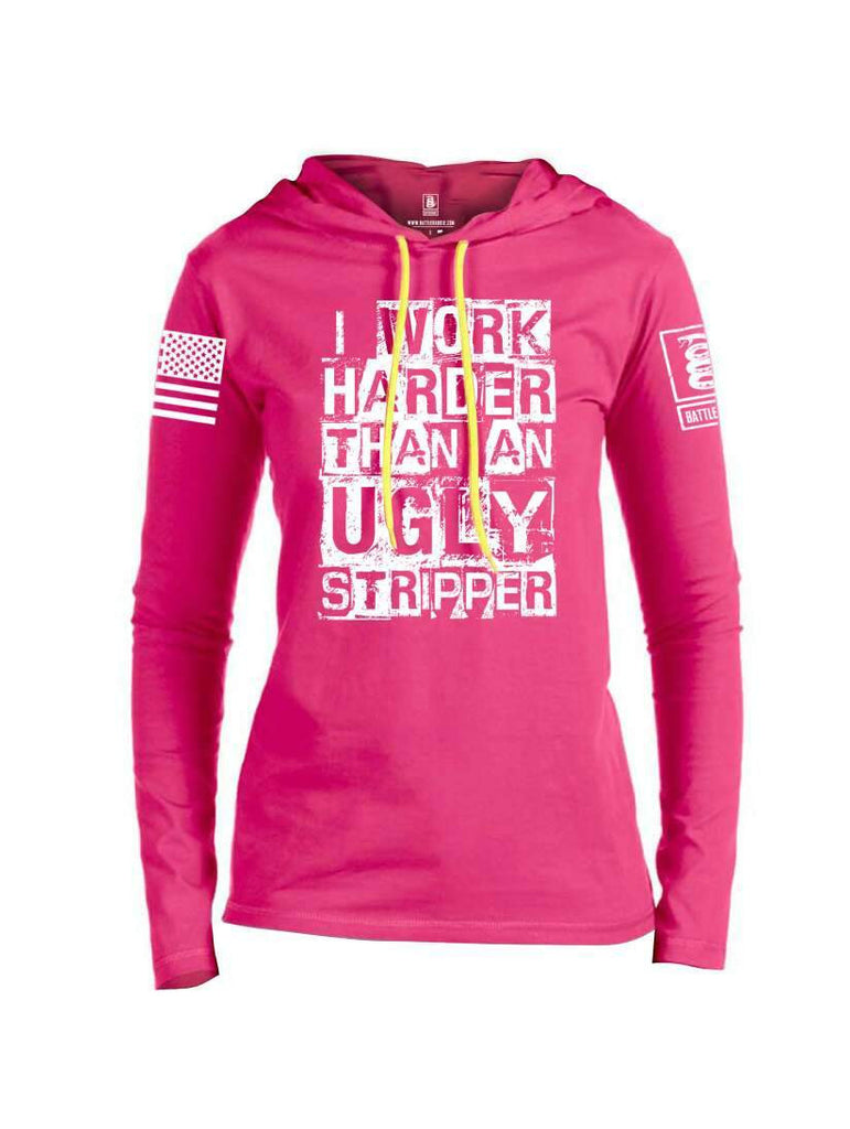 Battleraddle I Work Harder Than An Ugly Stripper White Sleeve Print Womens Thin Cotton Lightweight Hoodie shirt|custom|veterans|Apparel-Womens Hoodie-Cotton