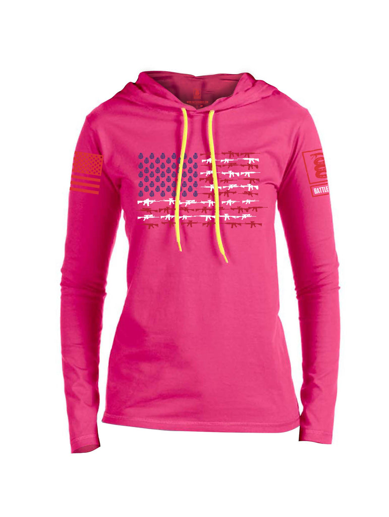 Battleraddle Rifle Gun Flag Red Sleeve Print Womens Thin Cotton Lightweight Hoodie