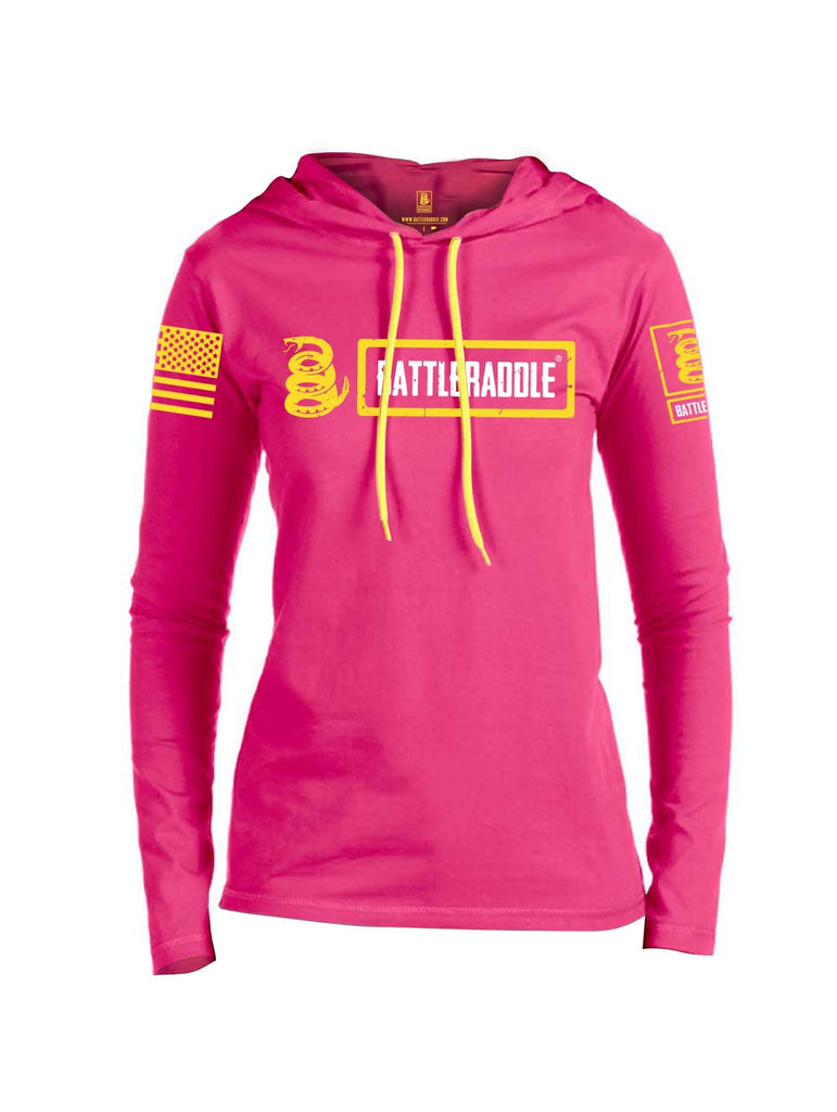 Battleraddle Original Design Logo V1 Yellow Sleeve Print Womens Thin Cotton Lightweight Hoodie shirt|custom|veterans|Apparel-Womens Hoodie-Cotton