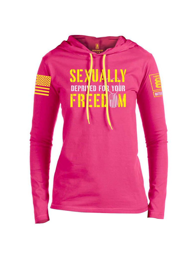 Battleraddle Sexually Deprived For Your Freedom Yellow Sleeve Print Womens Thin Cotton Lightweight Hoodie