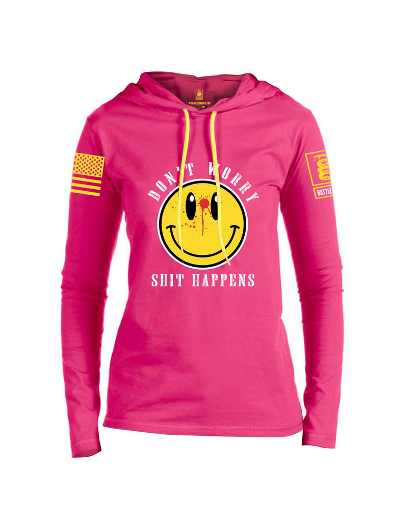 Battleraddle Dont Worry Shit Happens Yellow Sleeve Print Womens Thin Cotton Lightweight Hoodie