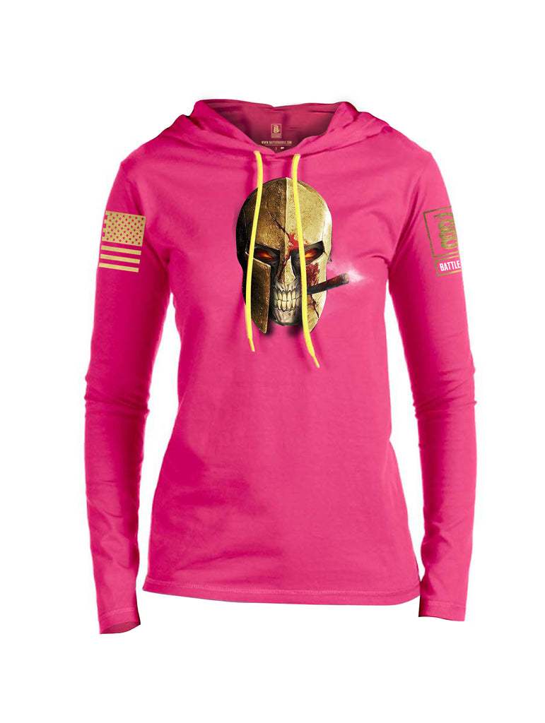 Battleraddle Smoking Spartan Skull Brass Sleeve Print Womens Thin Cotton Lightweight Hoodie