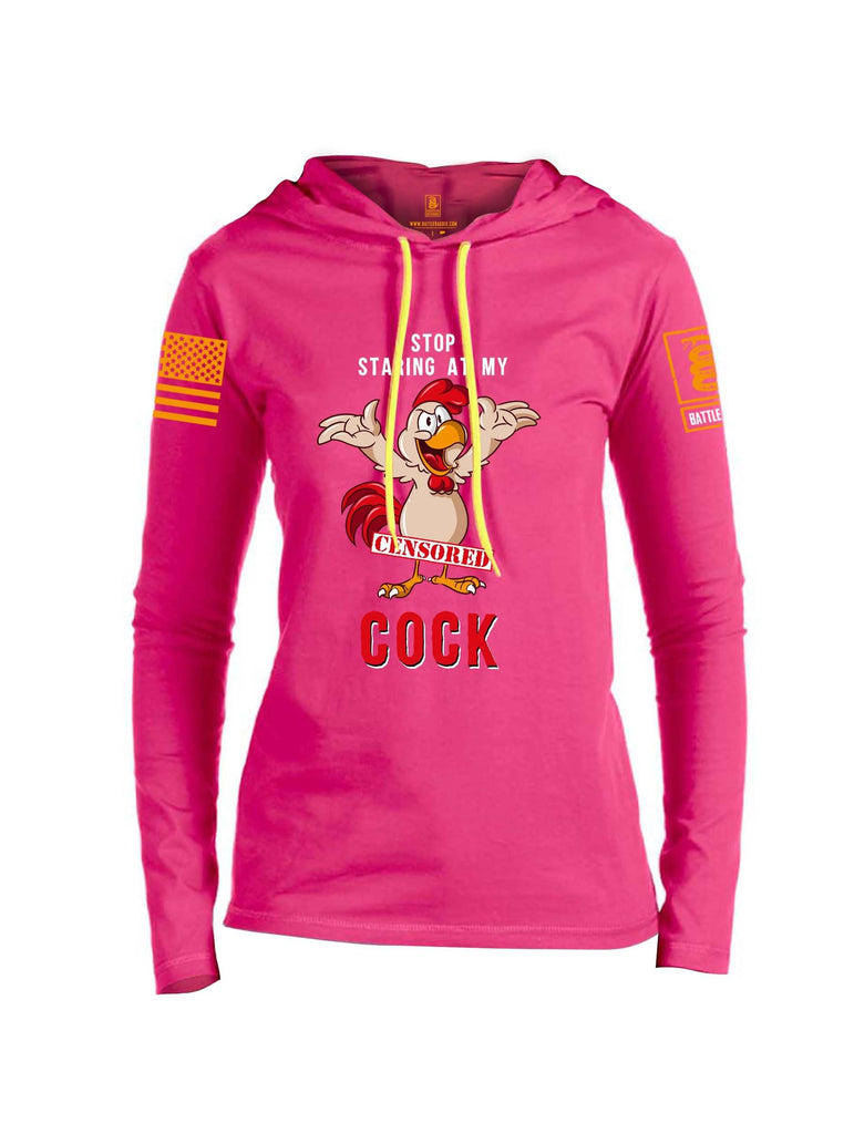 Battleraddle Stop Staring At My Censored Cock Orange Sleeve Print Womens Thin Cotton Lightweight Hoodie shirt|custom|veterans|Apparel-Womens Hoodie-Cotton