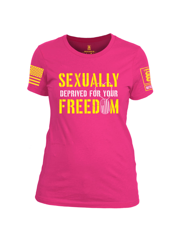Battleraddle Sexually Deprived For Your Freedom Yellow Sleeve Print Womens Cotton Crew Neck T Shirt