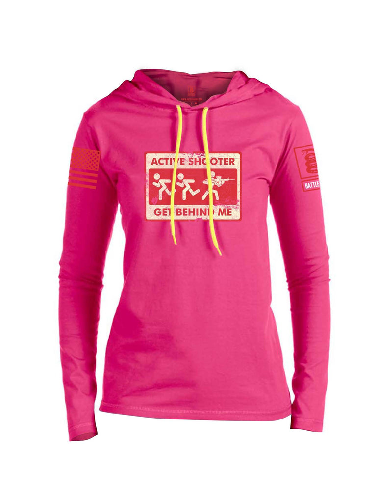 Battleraddle Active Shooter Get Behind Me Red Sleeve Print Womens Thin Cotton Lightweight Hoodie shirt|custom|veterans|Apparel-Womens Hoodie-Cotton