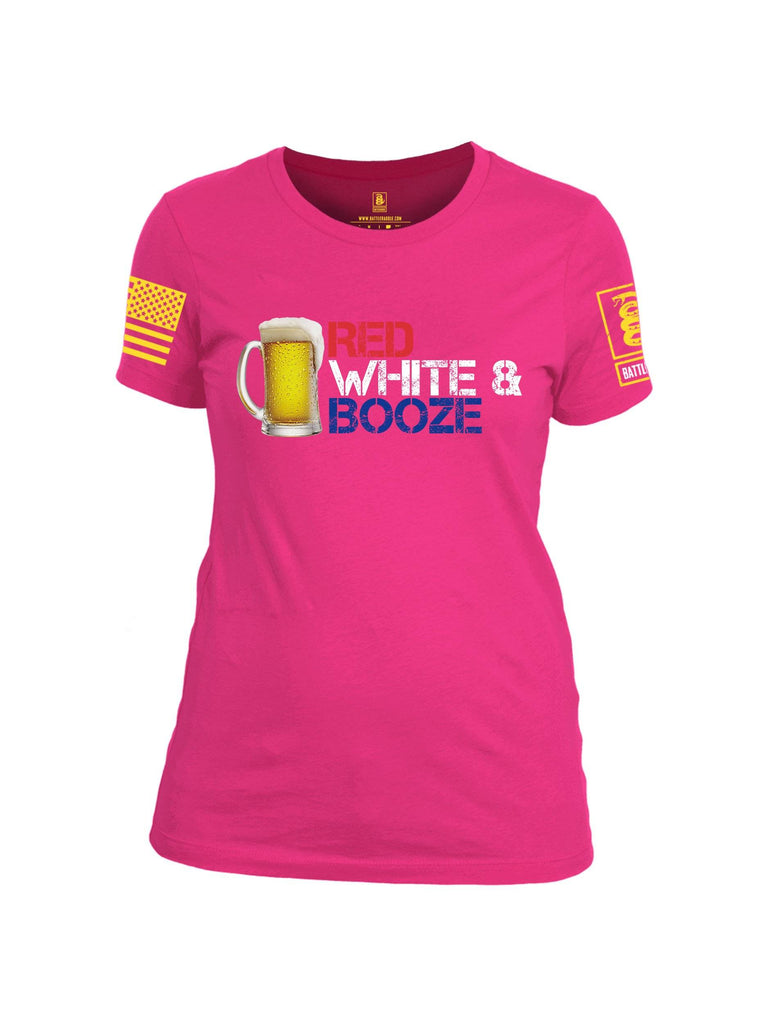 Battleraddle Red White & Booze Yellow Sleeve Print Womens Cotton Crew Neck T Shirt shirt|custom|veterans|Apparel-Womens T Shirt-cotton