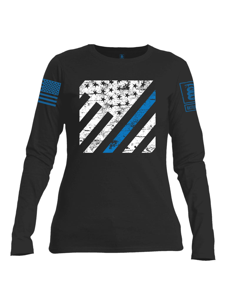Battleraddle Vertical USA Flag Blue Line Blue Sleeve Print Womens Cotton Long Sleeve Crew Neck T Shirt
