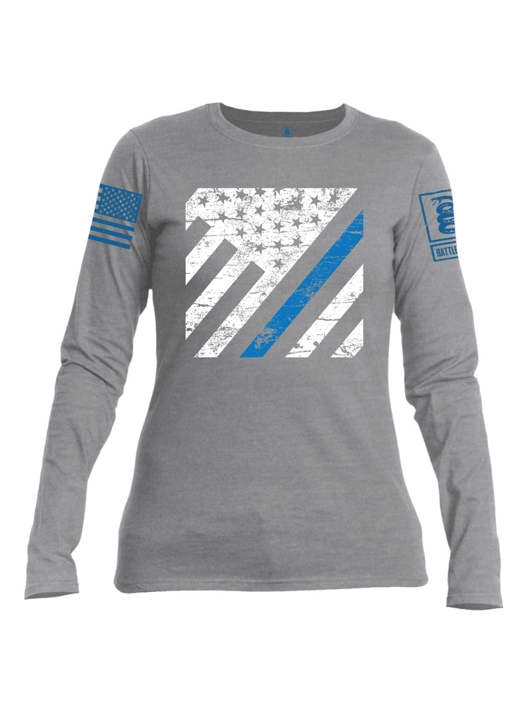 Battleraddle Vertical USA Flag Blue Line Blue Sleeve Print Womens Cotton Long Sleeve Crew Neck T Shirt