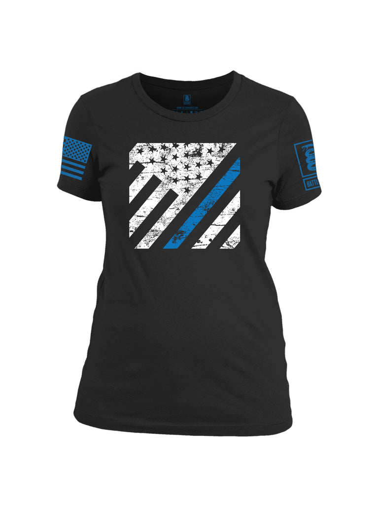 Battleraddle Vertical USA Flag Blue Line Blue Sleeve Print Womens Cotton Crew Neck T Shirt