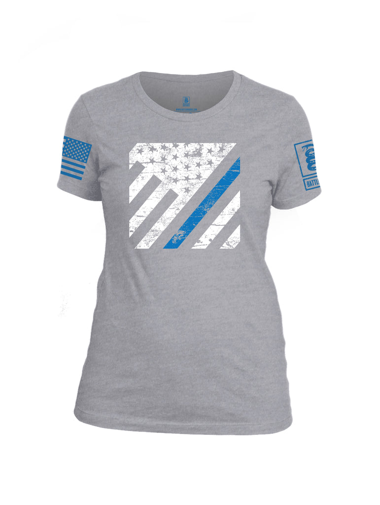 Battleraddle Vertical USA Flag Blue Line Blue Sleeve Print Womens Cotton Crew Neck T Shirt