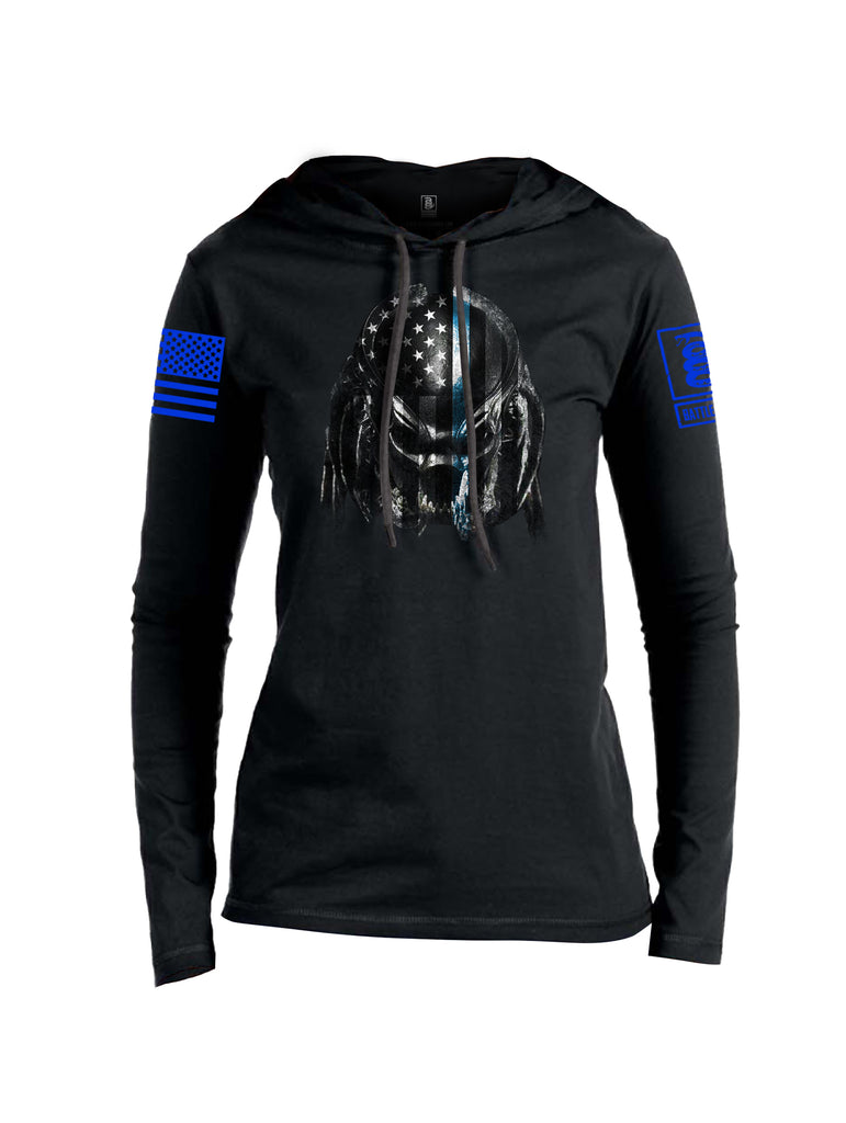 Battleraddle Superpatriot Alien Predator Hunter USA Flag Thin Blue Line Blue Sleeve Print Womens Thin Cotton Lightweight Hoodie
