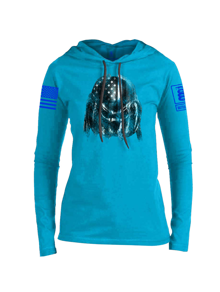 Battleraddle Superpatriot Alien Predator Hunter USA Flag Thin Blue Line Blue Sleeve Print Womens Thin Cotton Lightweight Hoodie