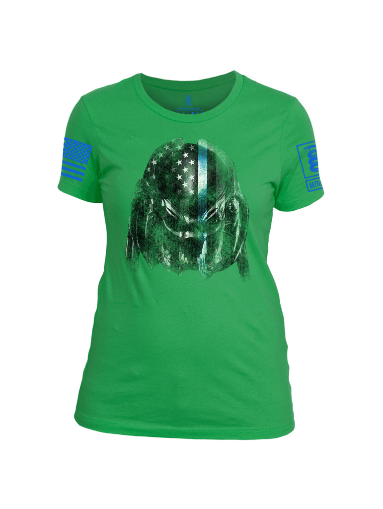 Battleraddle Superpatriot Alien Predator Hunter USA Flag Thin Blue Line Blue Sleeve Print Womens Cotton Crew Neck T Shirt