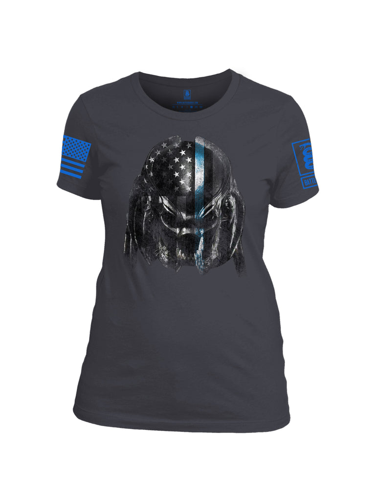Battleraddle Superpatriot Alien Predator Hunter USA Flag Thin Blue Line Blue Sleeve Print Womens Cotton Crew Neck T Shirt