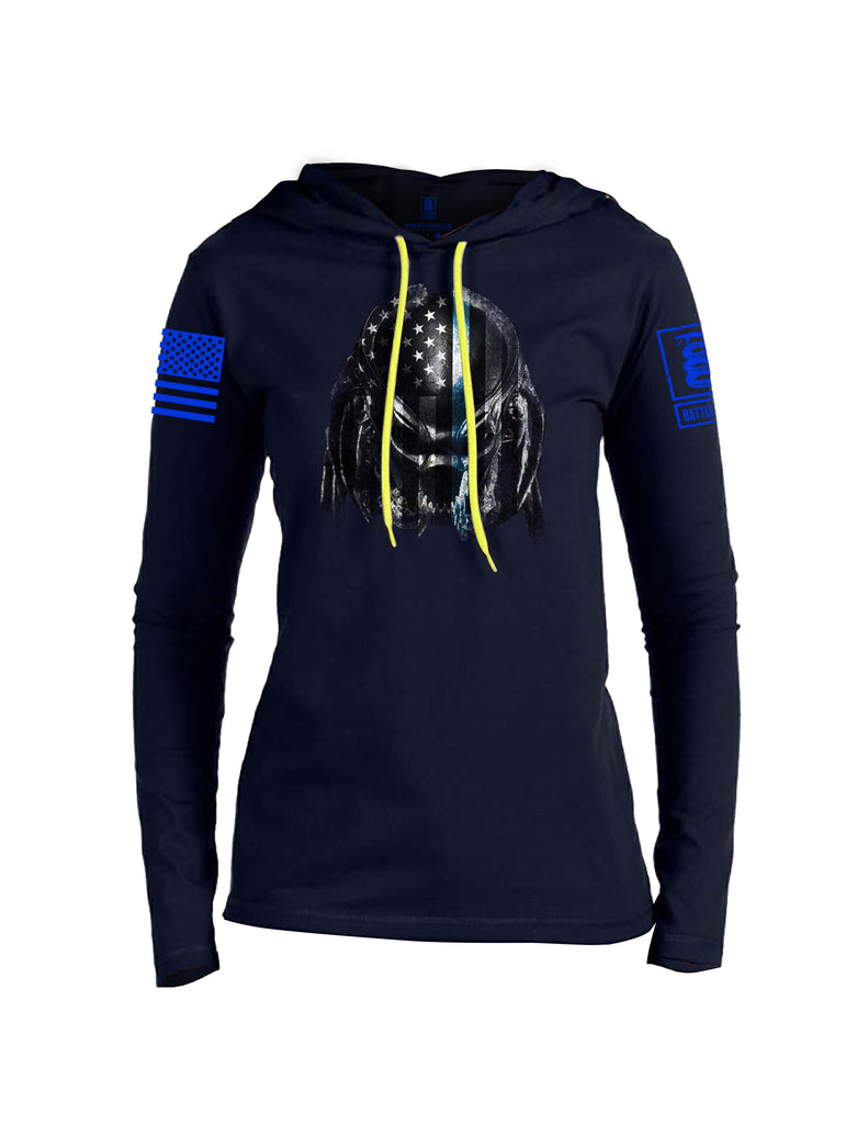 Battleraddle Superpatriot Alien Predator Hunter USA Flag Thin Blue Line Blue Sleeve Print Womens Thin Cotton Lightweight Hoodie