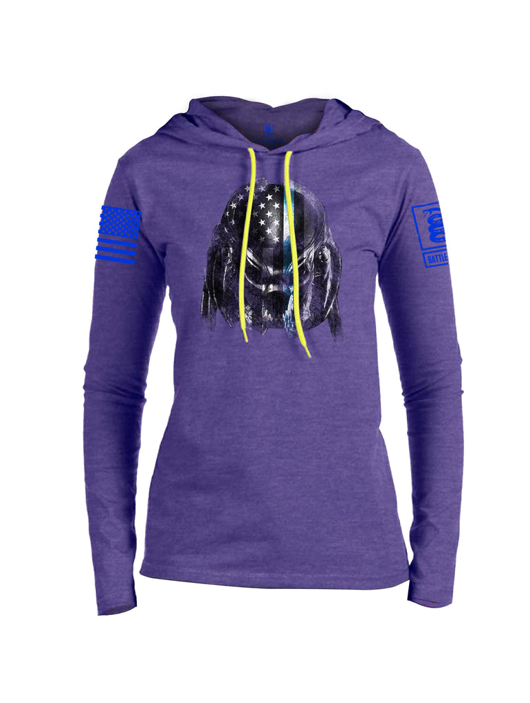 Battleraddle Superpatriot Alien Predator Hunter USA Flag Thin Blue Line Blue Sleeve Print Womens Thin Cotton Lightweight Hoodie