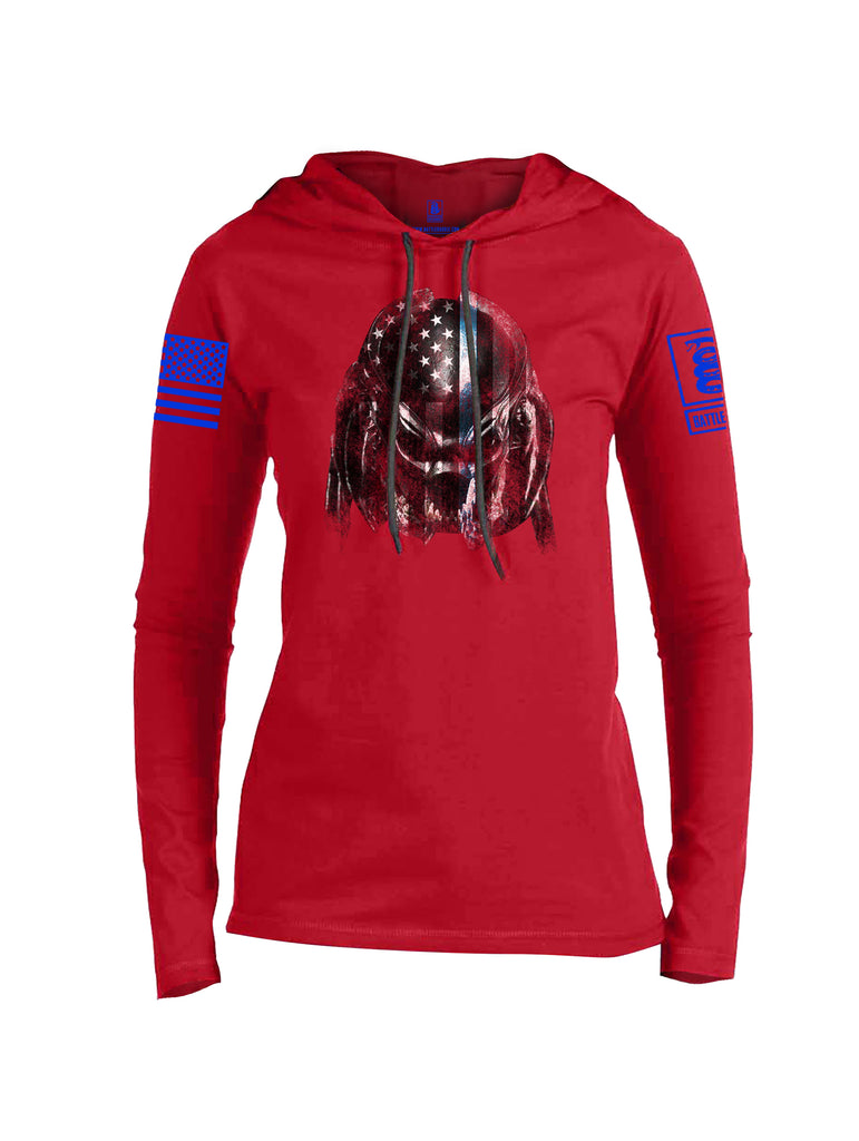 Battleraddle Superpatriot Alien Predator Hunter USA Flag Thin Blue Line Blue Sleeve Print Womens Thin Cotton Lightweight Hoodie