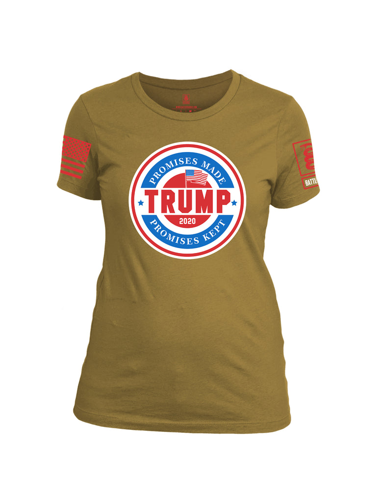 Battleraddle Promises Made Promises Kept Trump 2020 Red Sleeve Print Womens Cotton Crew Neck T Shirt