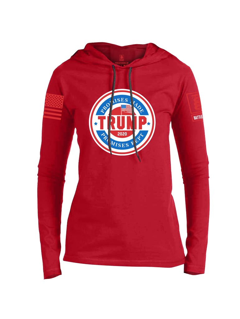Battleraddle Promises Made Promises Kept Trump 2020 Red Sleeve Print Womens Thin Cotton Lightweight Hoodie