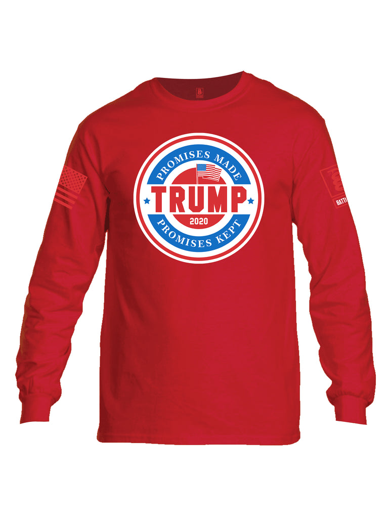 Battleraddle Promises Made Promises Kept Trump 2020 Red Sleeve Print Mens Cotton Long Sleeve Crew Neck T Shirt