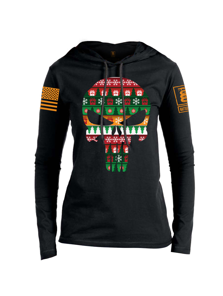 Battleraddle Expounder Skull Christmas Holiday Ugly Orange Sleeve Print Womens Thin Cotton Lightweight Hoodie