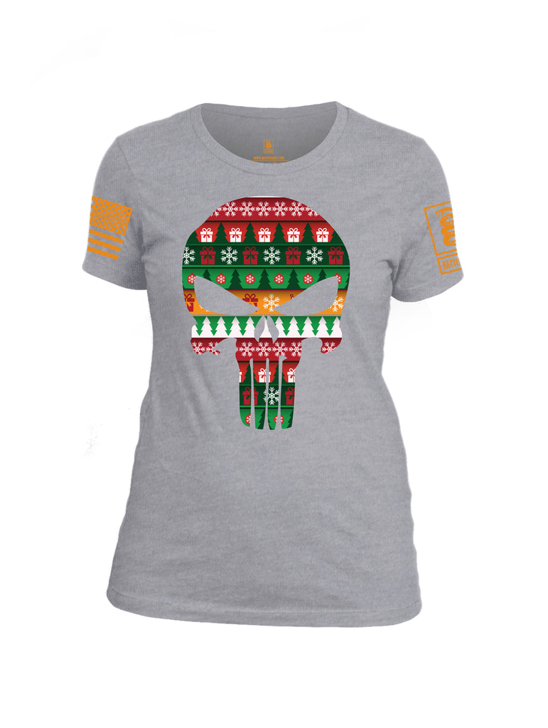 Battleraddle Expounder Skull Christmas Holiday Ugly Orange Sleeve Print Womens Cotton Crew Neck T Shirt