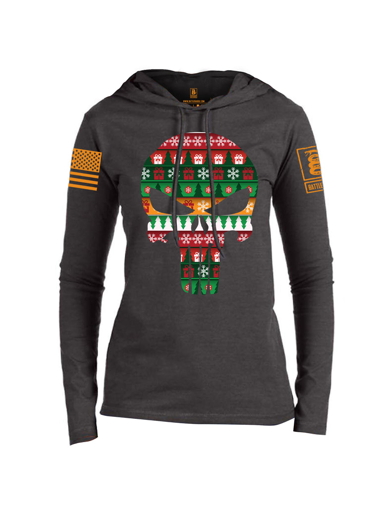 Battleraddle Expounder Skull Christmas Holiday Ugly Orange Sleeve Print Womens Thin Cotton Lightweight Hoodie
